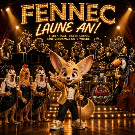 Fennec – Laune an! | PhönixNacht Cover des PhönixNacht-Projekts „Fennec – Laune an!“ mit dem Fennec als Showman vor seiner Big Band