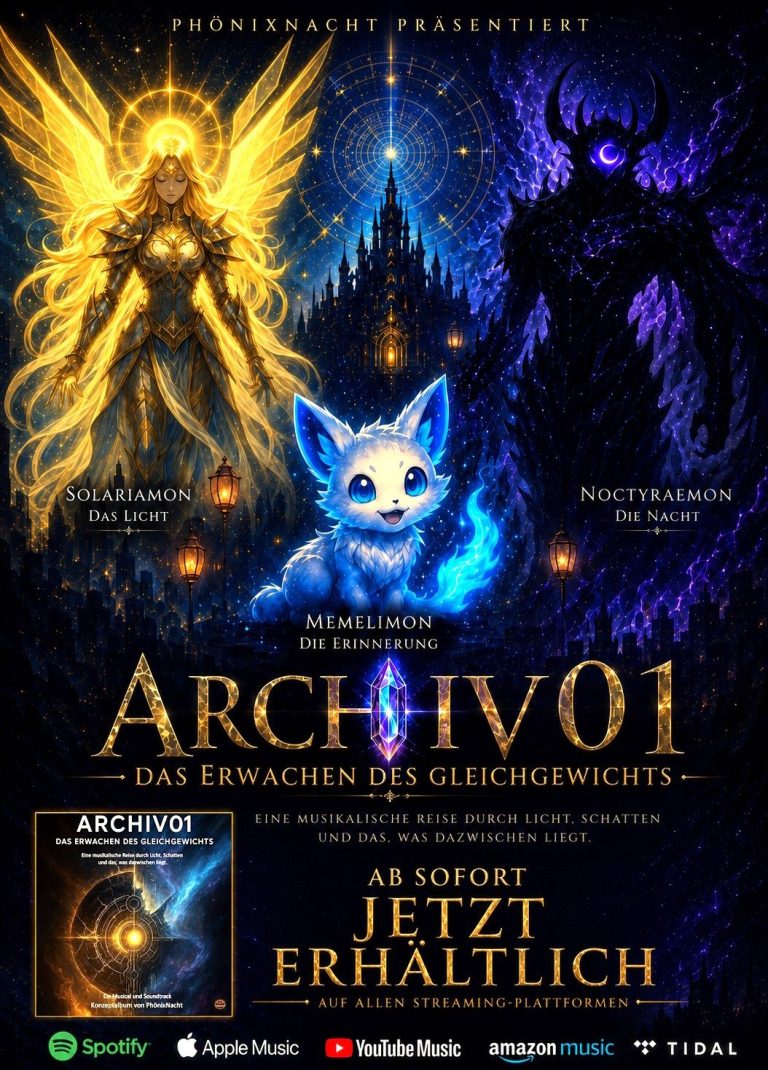PhönixNacht Albumplakat „Archiv 01 – Das Erwachen des Gleichgewichts“ mit den Figuren Solariamon, Noctyraemon und Memelimon.